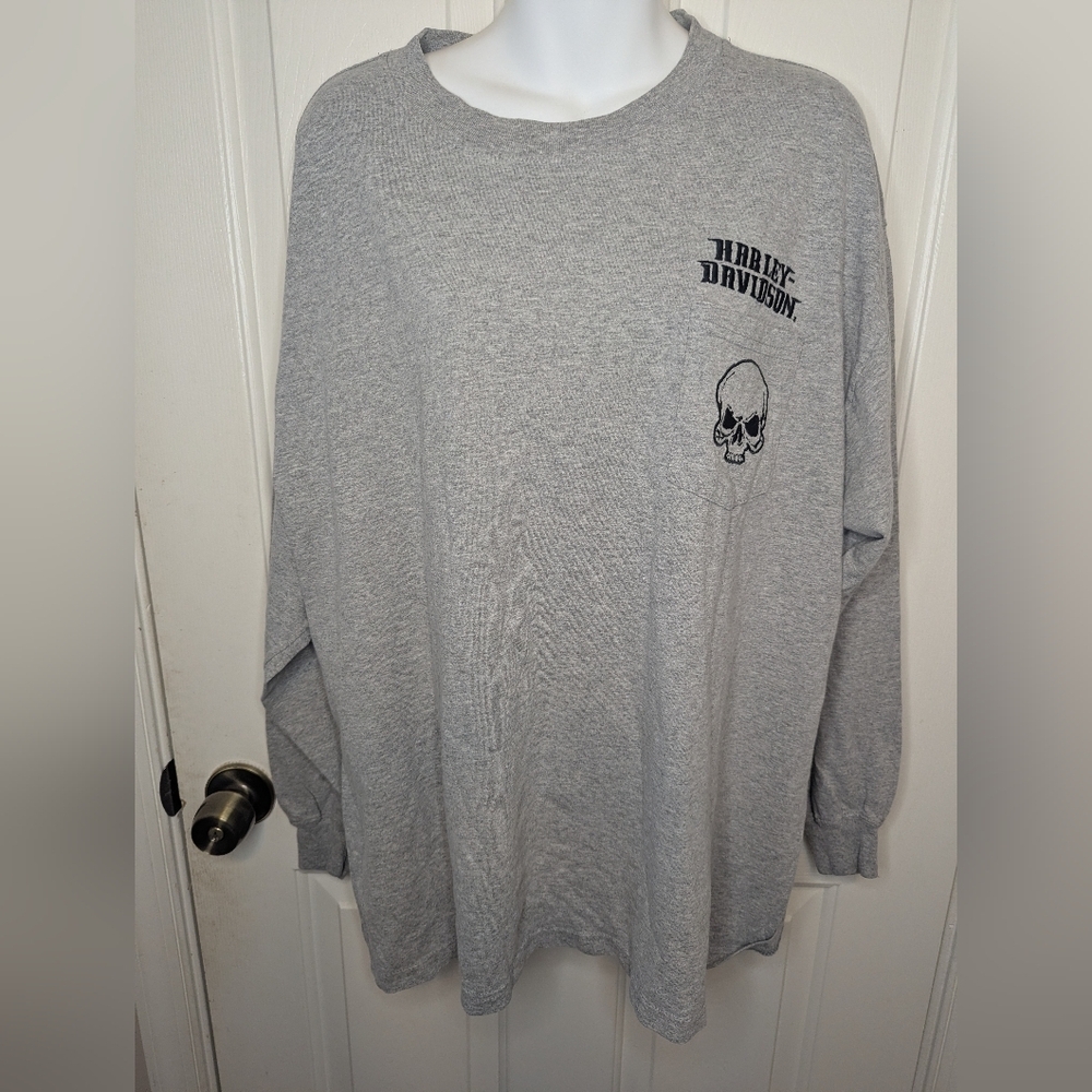 Harley Davidson Shirt Mens Gray Long Sleeve Willie G Skull Embroidered, Size XL